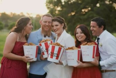 KFC supplied buckets, a food truck, a wedding cake, and a photo booth for the ceremony.