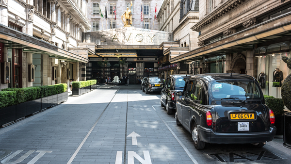 The Savoy hotel's grand main entrance as it is pictured today.