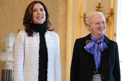Catherine, Duchess of Cambridge (R) is welcomed by Queen Margrethe II (C) and Crown Princess Mary of Denmark (L) during an audience at Christian IX's Palace on February 23, 2022 in Copenhagen, Denmark. 
