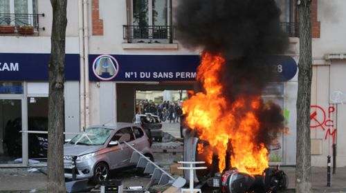 Violence marred anti-Macron demonstrations in Paris. Picture: AAP