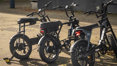 Amsterdam, The Netherlands, 22.10.2024, Fatbikes parked in the street, electric bicycles with large tires popular among teenagers