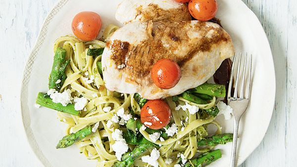 Nadia Lim's chicken with balsamic tomatoes, salsa verde and fettuccine