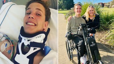 Alex Noble suffered a severe spinal injury in 2018 and features in Taryn Brumfitt's 'Embrace Kids' documentary (right)