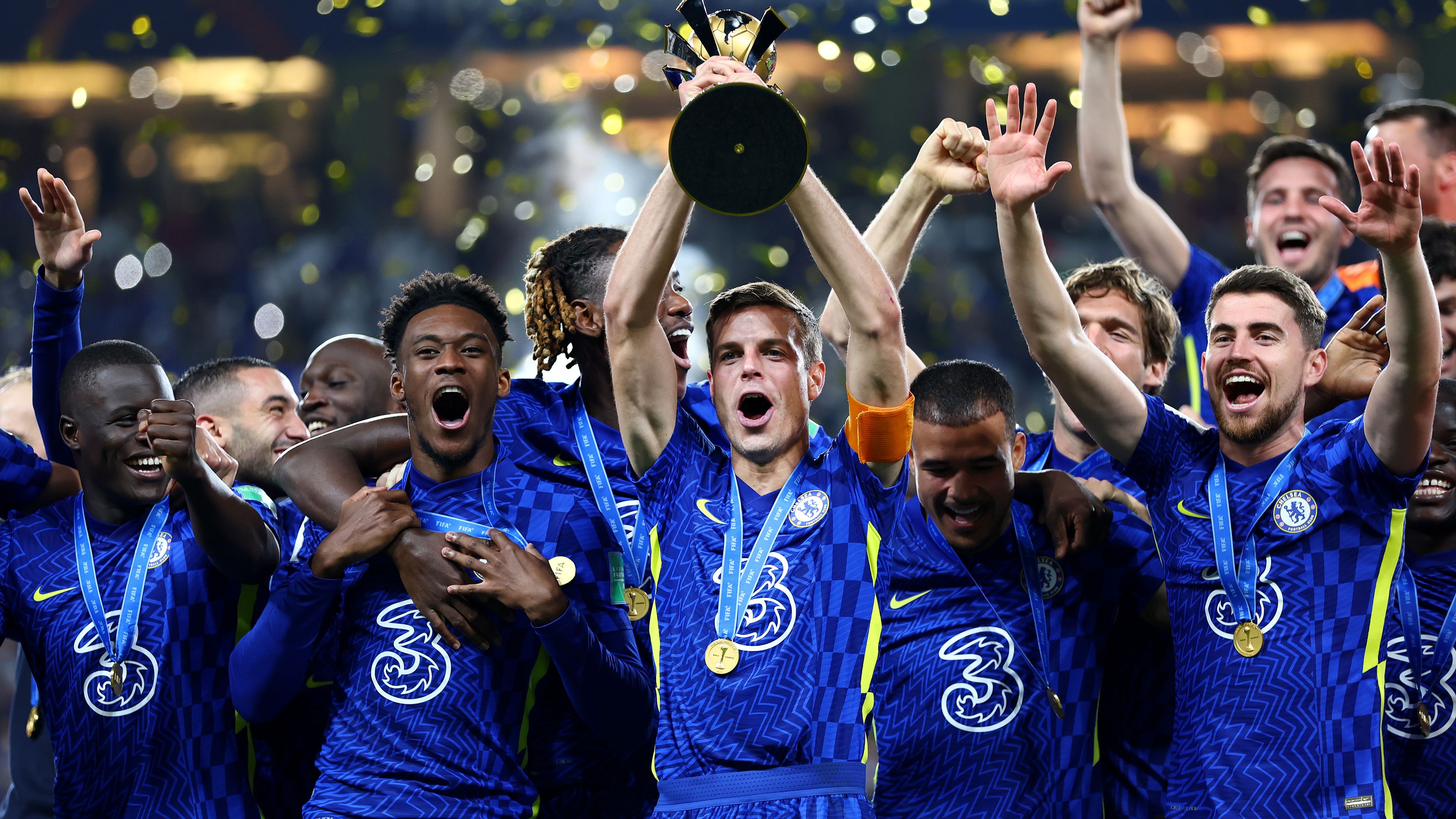 Cesar Azpilicueta of Chelsea lifts the FIFA Club World Cup trophy following victory in the FIFA Club World Cup UAE 2021 Final match between Chelsea and Palmeiras at Mohammed Bin Zayed Stadium.