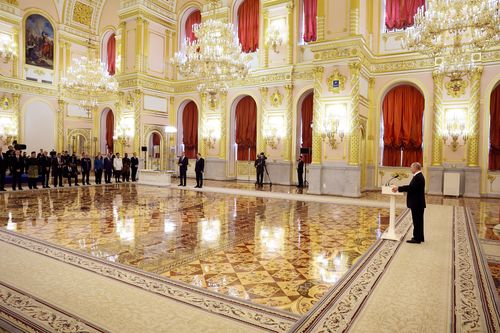 Russian President Vladimir Putin delivers a speech as he attends a ceremony to receive credentials from newly appointed foreign ambassadors to Russia, at the Kremlin, in Moscow, Russia, Wednesday, April 5, 2023 