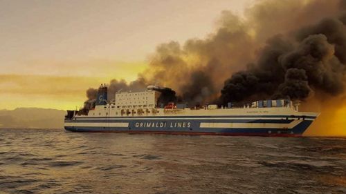 A ferry is on fire at the Ionian Sea near the island of Corfu, Greece, on Friday, Feb. 18, 2022. 