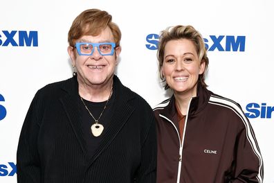 Elton John and Brandi Carlile visit SiriusXM's 'The Howard Stern Show' at SiriusXM Studios on April 07, 2025 in New York City.