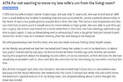 Reddit post about couple fighting over late wife's ashes in urn