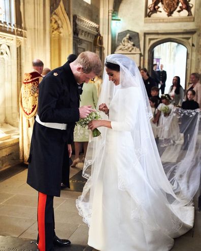 Meghan, Duchess of Sussex, with Prince Harry, Duke of Sussex, at St George's Chapel at Windsor Castle on May 19, 2018 in Windsor.