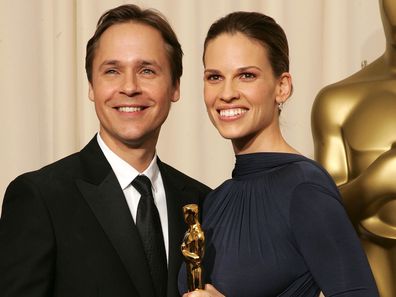 Hilary Swank and then-husband Chad Lowe backstage during the 77th Annual Academy Awards in 2005 after her Oscars win.