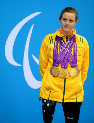 Ellie Cole with her four gold and two bronze medals for swimming at the London 2012 Paralympics.