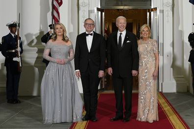 US President Joe Biden and first lady Jill Biden welcome Prime Minister of Australia Anthony Albanese and Jodie Haydon to the White House on October 25, 2023 for a state dinner
