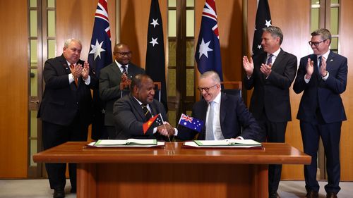 Prime Minister Anthony Albanese and Prime Minister of Papua New Guinea James Marape during a press conference after signing the Pukpuk defence Treaty at Parliament House in Canberra on October 6, 2025. 