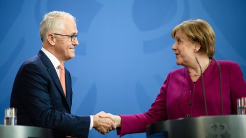 Dr Merkel also asked Mr Turnbull for advice in dealing with the United States during private talks held today in Berlin. Picture: AAP.
