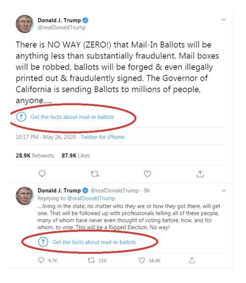 The new warning labels appeared under two of Donald Trump's tweets today, signalling Twitter will be fact-checking the president's claims on the social media platform.