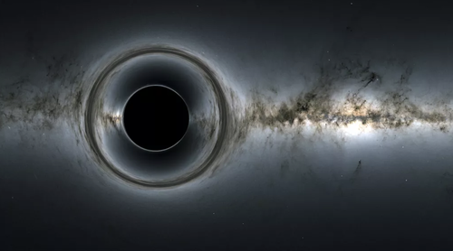 This NASA illustration depicts a solitary black hole in space, with its gravity warping the view of stars and galaxies in the background.