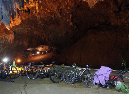 Bicycles and some of the boys' belongings were located at the top of the Tham Luang Nang Non cave in the Chiang Rai province on Saturday. Picture: AAP.