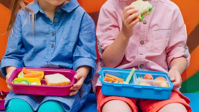 Young boy and girl eating lunch. Kids lunchboxes. Kids eating lunch.