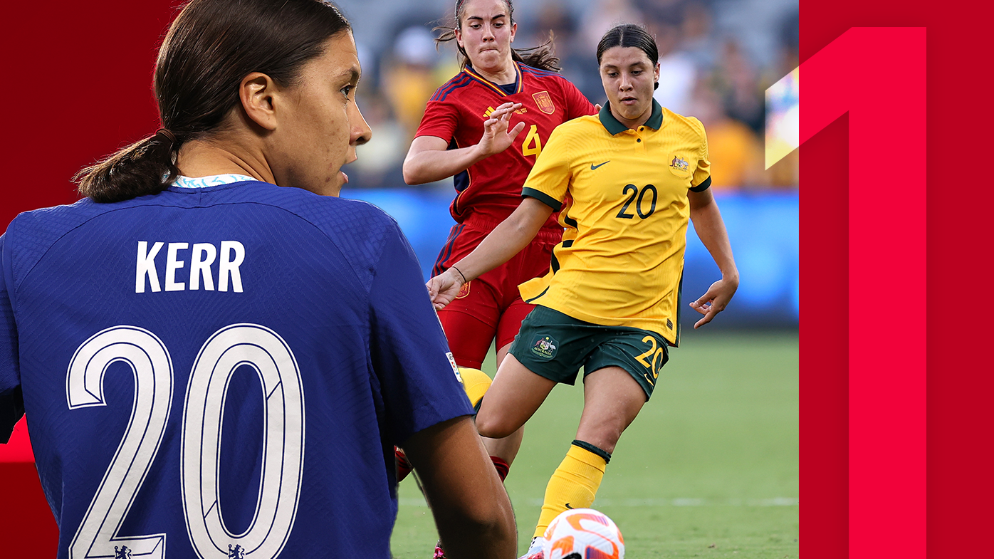 Sam Kerr in her Chelsea kit (left) and in action for the Matildas.