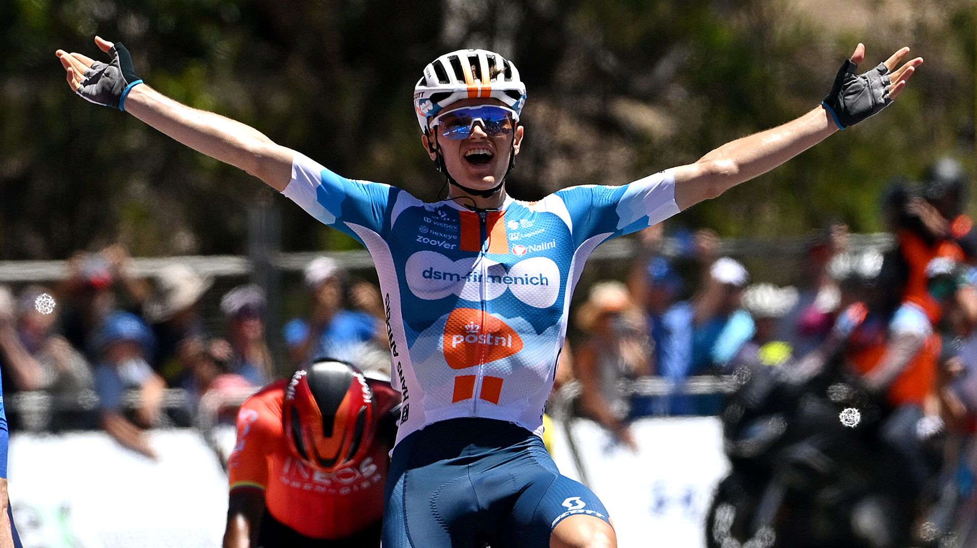 Oscar Onley of United Kingdom and Team dsm-firmenich PostNL celebrates at finish line as stage winner ahead of Stephen Williams of United Kingdom and Team Israel - Premier Tech and Jhonatan Narvaez of Ecuador and Team INEOS Grenadiers during the 24th Santos Tour Down Under 2024, Stage 5 a 129.3km stage from Christies Beach to Willunga Hill 372m.