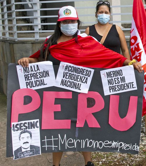 A Peruvian resident in South Florida Dora Murga demonstrates in front of the Consulate General of Peru on Sunday.