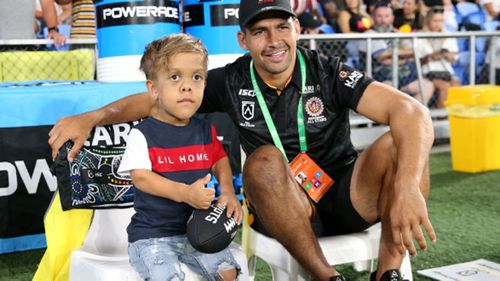 Quaden Bayles with Cody Walker of the Indigenous All-Stars before the NRL match between the Indigenous All-Stars and the New Zealand Maori Kiwis All-Stars at Cbus Super Stadium