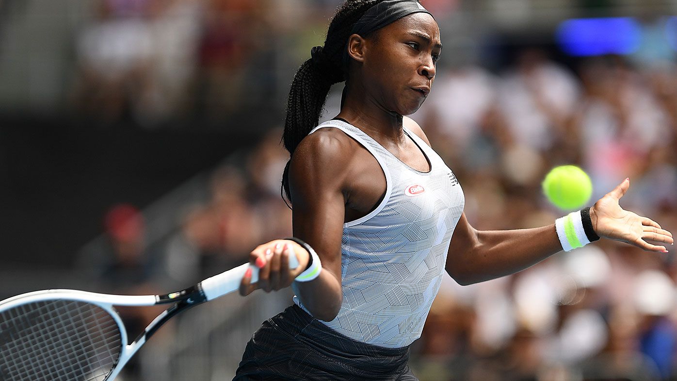 Coco Gauff of the United States plays a forehand during her Women&#x27;s Singles fourth round match 