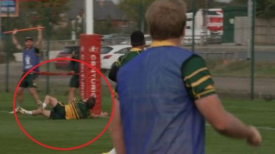 Kangaroos hooker Harry Grant crashed into a goalpost during a World Cup training run.