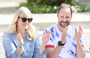 OSLO, NORWAY - MAY 29: Crown Prince Haakon and Crown Princess Mette-Marit attend the annual Friendship Football match at Skaugum on May 29, 2024 in Oslo, Norway. (Photo by Rune Hellestad - Corbis/Getty Images)