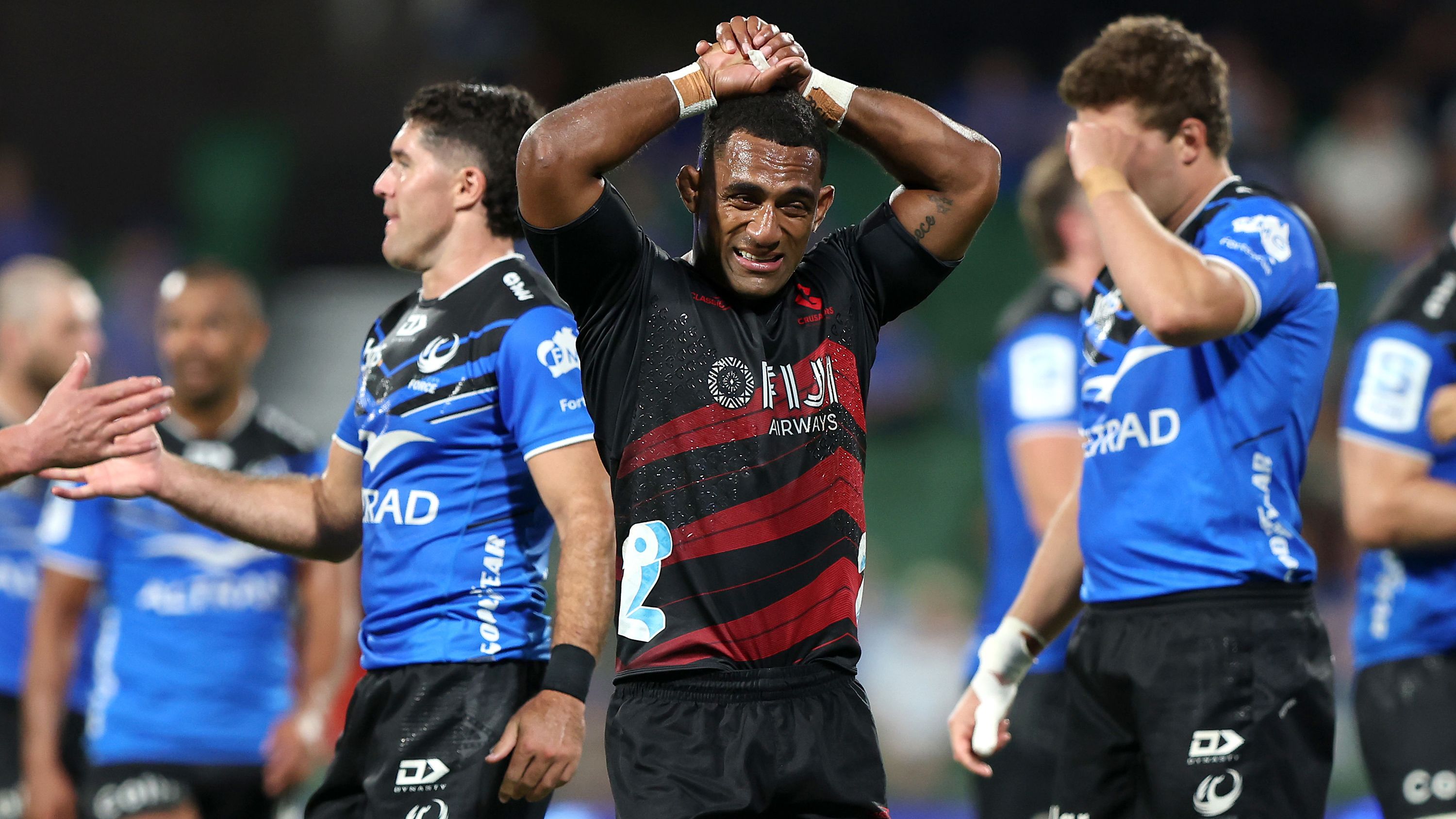 Sevu Reece of the Crusaders reacts after losing the round nine Super Rugby Pacific match.