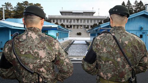 South Korean soldiers stand guard during a high level inter-Korean meeting at the border village of Panmunjom, South Korea, last month. (AP).