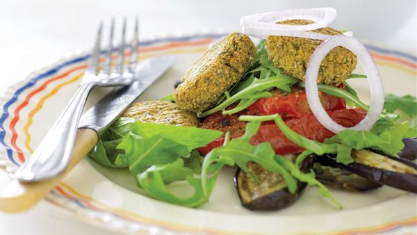 Roast vegetable and falafel salad