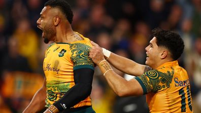 Samu Kerevi of the Wallabies celebrates a try.