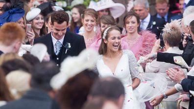 Andy Murray and his wife Kim Sears leave the cathedral in Dunblane near Stirling, Britain. (AAP)