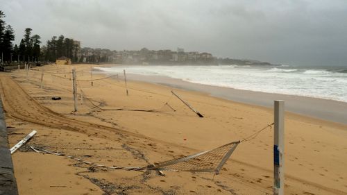 Destroyed volleyball nets on Manly beach. (Tom Daley)