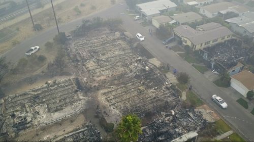 This aerial image shows buildings that were destroyed by a wildfire that moved through the area in Santa Rosa. (AAP)