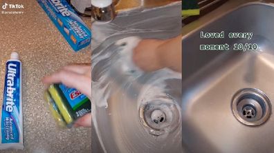 Toothpaste used as a cleaning solution for a sink.