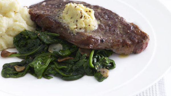 New York steak with garlic-wilted spinach