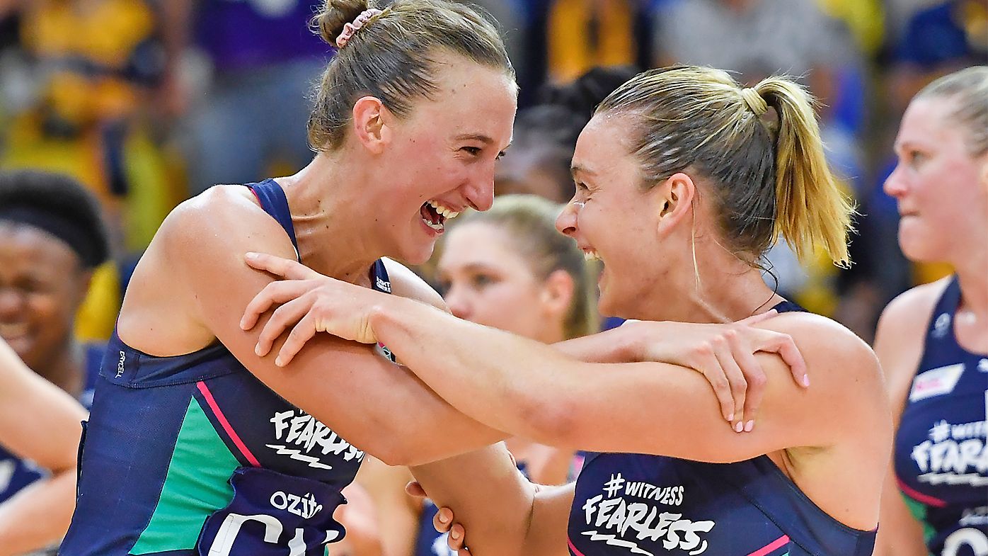 Emily Mannix and Liz Watson of the Vixens celebrate after securing a spot in the Grand Final