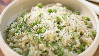 Recipe: <a href="http://kitchen.nine.com.au/2016/05/05/13/46/luke-mangans-fennel-and-pea-risotto" target="_top">Luke Mangan's fennel and pea risotto</a><br />
<br />