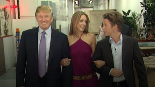 Trump and Billy Bush with Arianne Zucker, who Trump said he may "start kissing" without waiting for permission. (Washington Post)