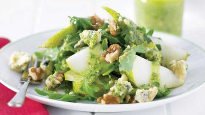 Click through for our luscious <a href="http://kitchen.nine.com.au/2016/05/13/11/10/pear-and-cheese-salad-with-pesto-dressing" target="_top">pear and cheese salad with pesto dressing</a> recipe