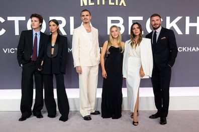 LONDON, ENGLAND - OCTOBER 08: (L-R) Cruz Beckham, Jackie Apostel, Romeo Beckham, Harper Beckham, Victoria Beckham and David Beckham attend the "Victoria Beckham" World Premiere at the Curzon Mayfair on October 08, 2025 in London, England. (Photo by Karwai Tang/WireImage)