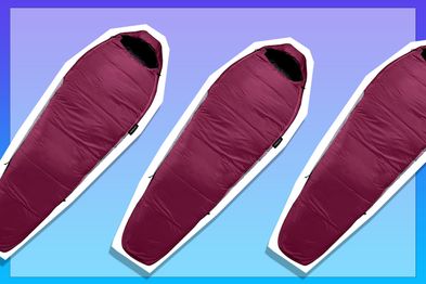9PR: Maroon sleeping bag on blue and purple background.