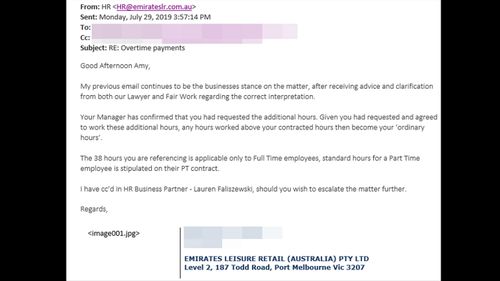 An email sent to Ms Hildebrandt from the Emirates Leisure Retail HR team, in which the company insists she is not entitled to overtime.