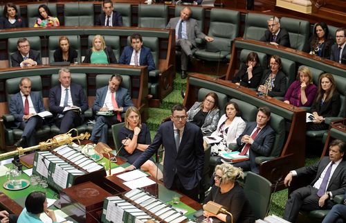 Victorian Premier Daniel Andrews (centre) addresses parliament addresses parliament as the Voluntary Assisted Dying Bill 2017 is debated in the lower house.