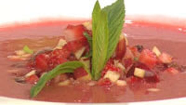 Red fruit salad with rhubarb and strawberry soup