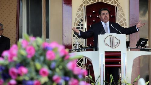 Naasón Joaquín García leads a service at his church "La Luz del Mundo" in Guadalajara, Mexico.