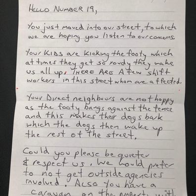 The anonymous neighbour's note was posted to Facebook