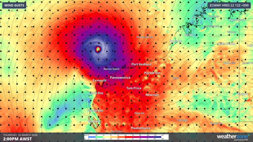 Previsão de vento na zona meteorológica na tarde de quinta-feira, mostrando o ciclone tropical Narelle ao norte de WA.